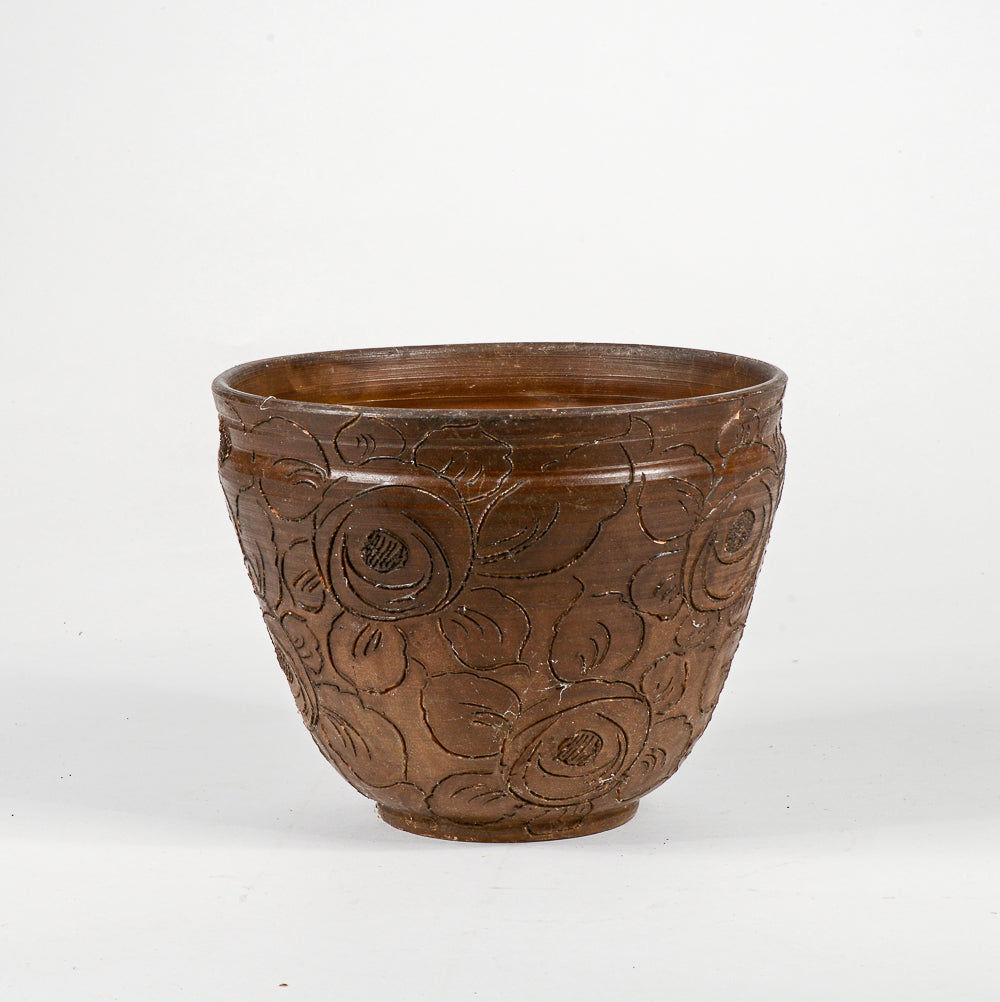 Vaso cash pot in terracotta con decori floreali epoca 1950 .