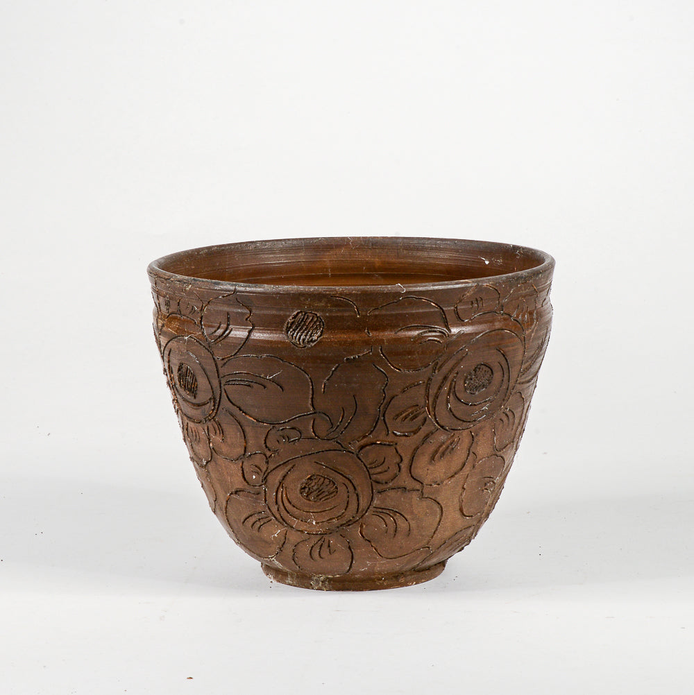 Vaso cash pot in terracotta con decori floreali epoca 1950 .