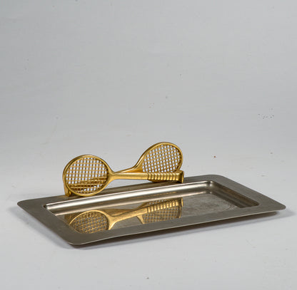 Vassoio in metallo inox con due racchette tennis ingresso centrotavola vintage