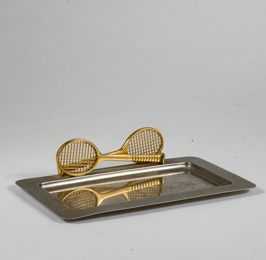 Vassoio in metallo inox con due racchette tennis ingresso centrotavola vintage