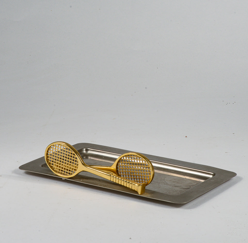 Vassoio in metallo inox con due racchette tennis ingresso centrotavola vintage