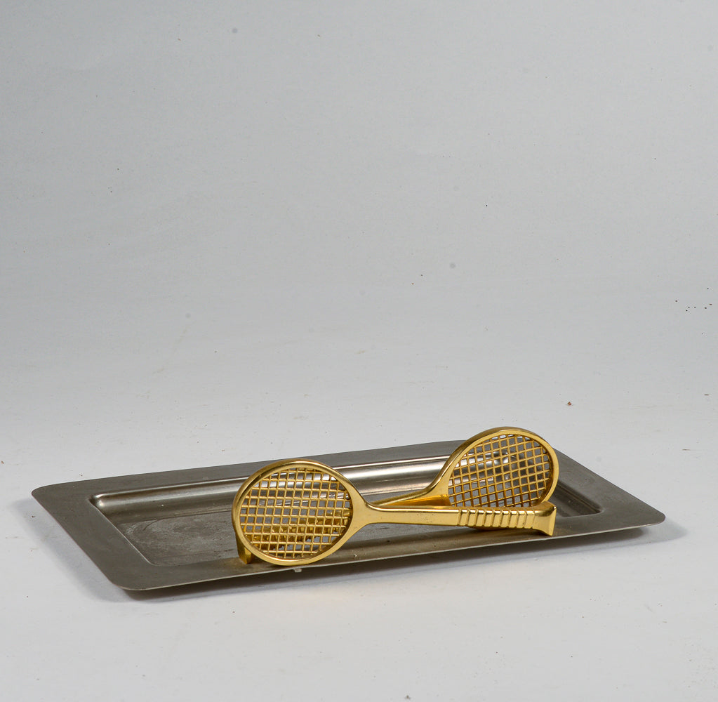 Vassoio in metallo inox con due racchette tennis ingresso centrotavola vintage