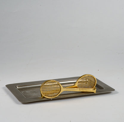 Vassoio in metallo inox con due racchette tennis ingresso centrotavola vintage