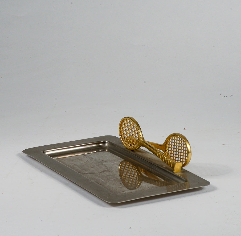 Vassoio in metallo inox con due racchette tennis ingresso centrotavola vintage