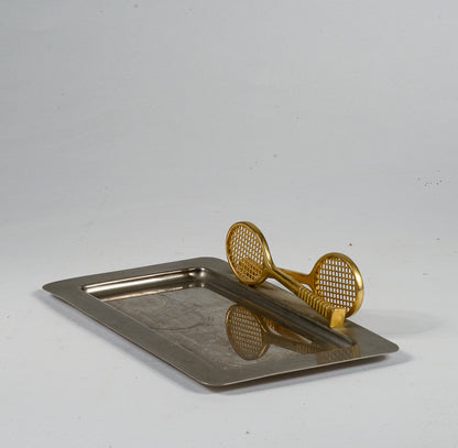 Vassoio in metallo inox con due racchette tennis ingresso centrotavola vintage