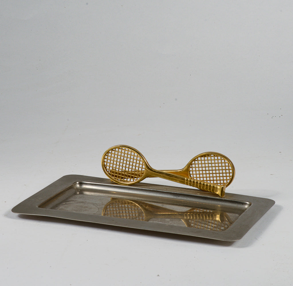 Vassoio in metallo inox con due racchette tennis ingresso centrotavola vintage