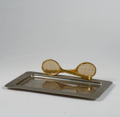 Vassoio in metallo inox con due racchette tennis ingresso centrotavola vintage