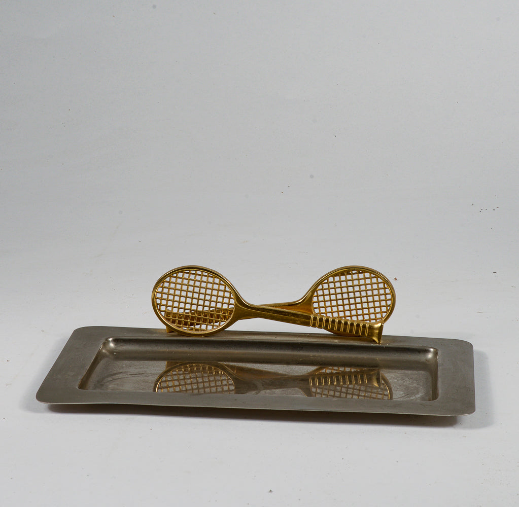 Vassoio in metallo inox con due racchette tennis ingresso centrotavola vintage