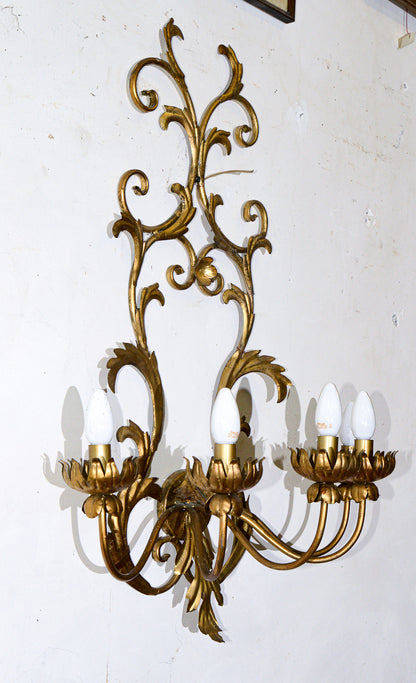 lampada applique in ferro battuto decorato dorato a 5 luci stile Banci Firenze