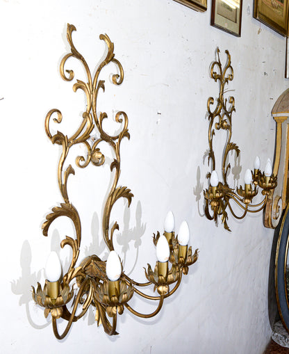 lampada applique in ferro battuto decorato dorato a 5 luci stile Banci Firenze