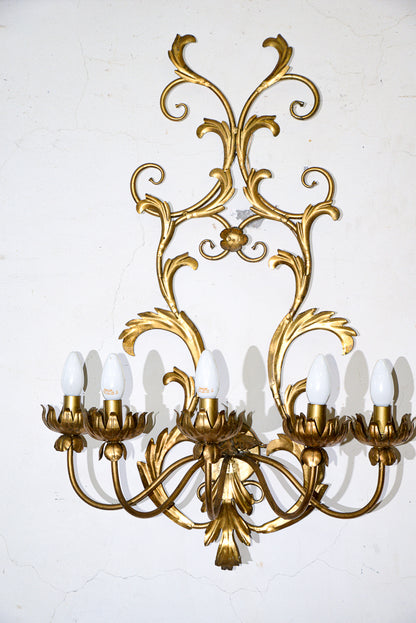 lampada applique in ferro battuto decorato dorato a 5 luci stile Banci Firenze