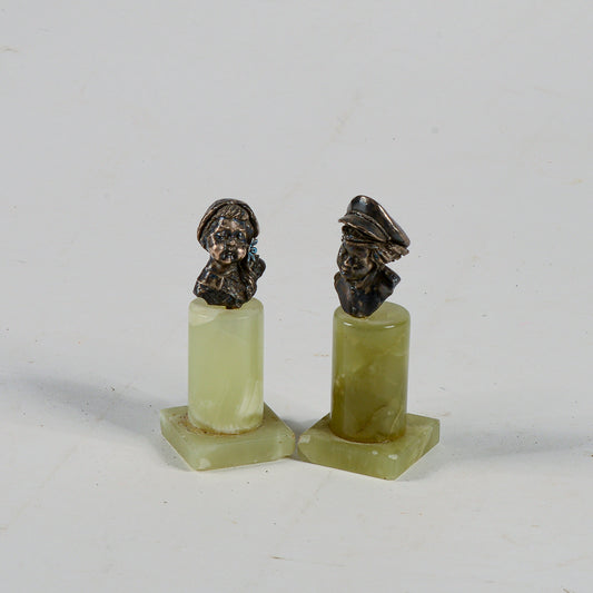 Coppia sculture in argento lui e lei ragazzi con colonna in onice verde 1960