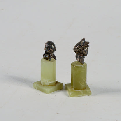 Coppia sculture in argento lui e lei ragazzi con colonna in onice verde 1960