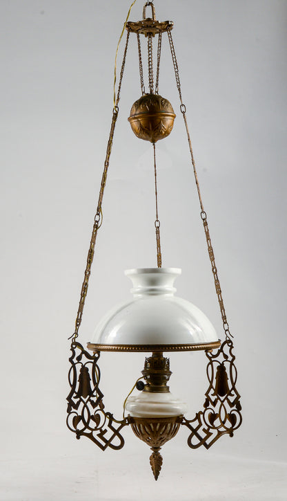 Lampadario in metallo con catene saliscendi epoca art noveau liberty