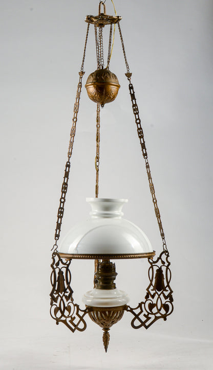 Lampadario in metallo con catene saliscendi epoca art noveau liberty