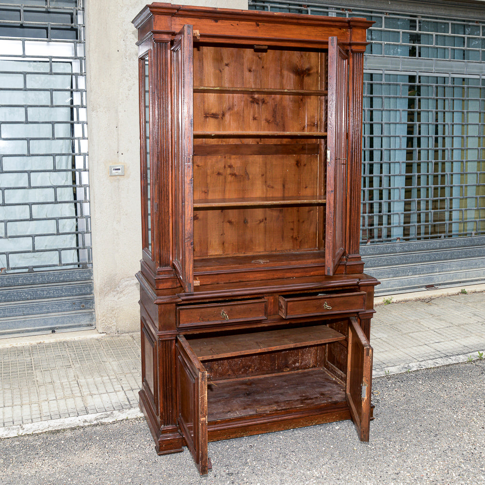 Credenza due corpi vetrina libreria in legno massello di abete epoca 800