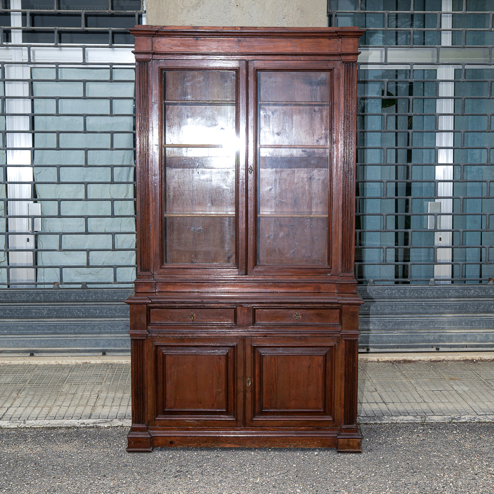 Credenza due corpi vetrina libreria in legno massello di abete epoca 800
