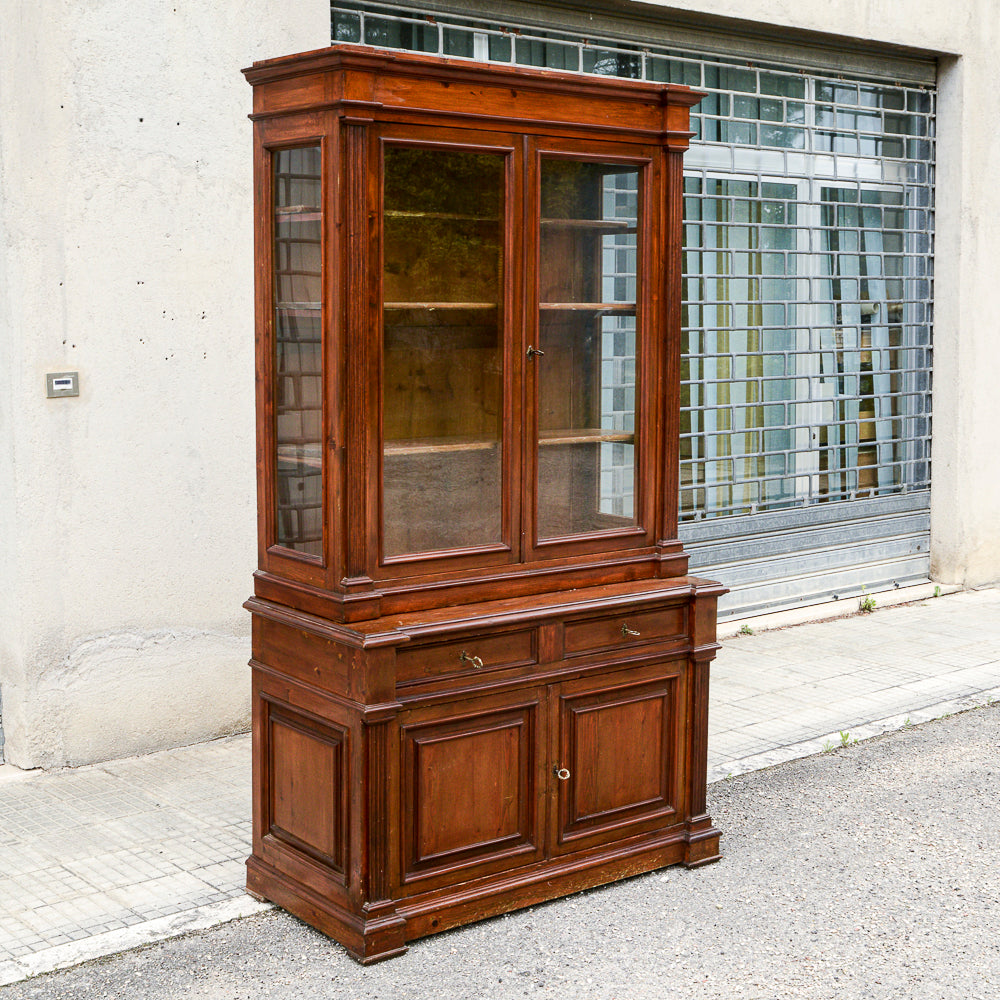 Credenza due corpi vetrina libreria in legno massello di abete epoca 800