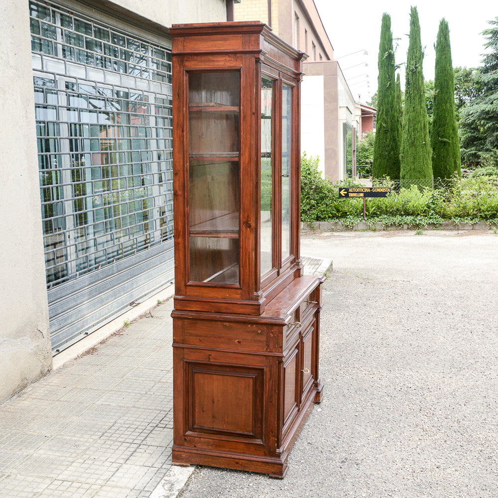 Credenza due corpi vetrina libreria in legno massello di abete epoca 800