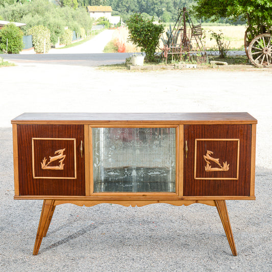Credenza mobile bar bicolre con cevi intagliati Italia 1960