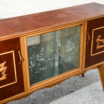 Credenza mobile bar bicolre con cevi intagliati Italia 1960