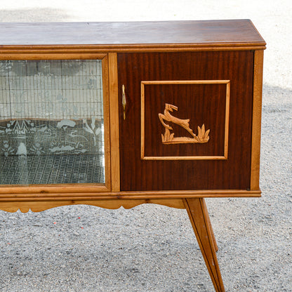 Credenza mobile bar bicolre con cevi intagliati Italia 1960