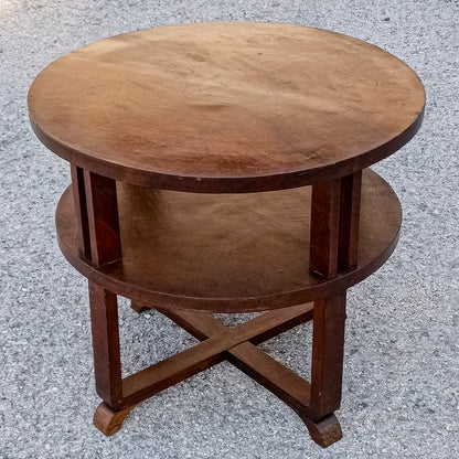 Tavolino deco rotondo impellicciato in noce