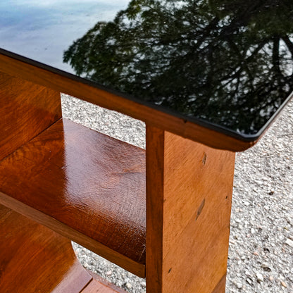 tavolino da fumo piano in vetro e decoro a sfera