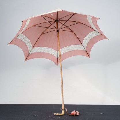 Ombrello parasole legno  tessuto rosa e ricami fine 800