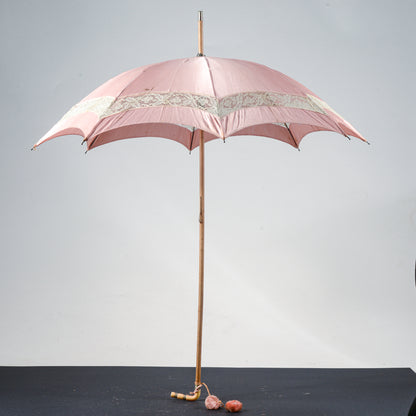 Ombrello parasole legno  tessuto rosa e ricami fine 800