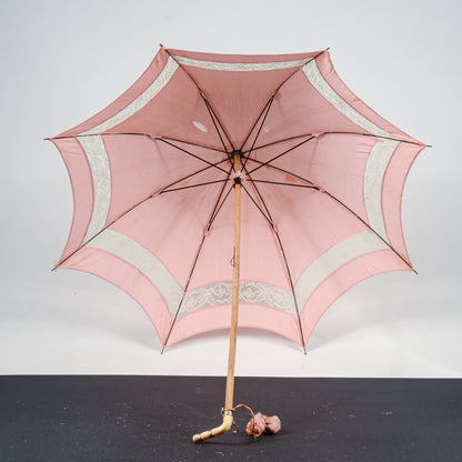 Ombrello parasole legno  tessuto rosa e ricami fine 800