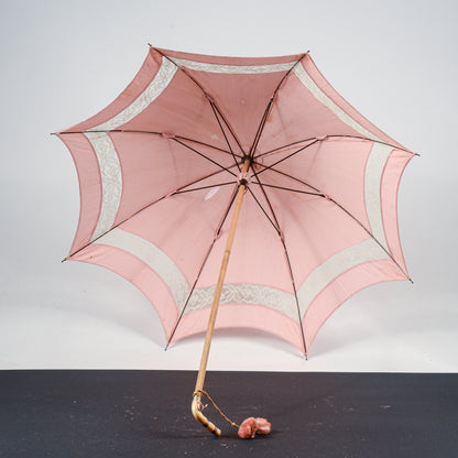 Ombrello parasole legno  tessuto rosa e ricami fine 800