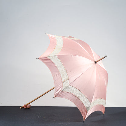 Ombrello parasole legno  tessuto rosa e ricami fine 800