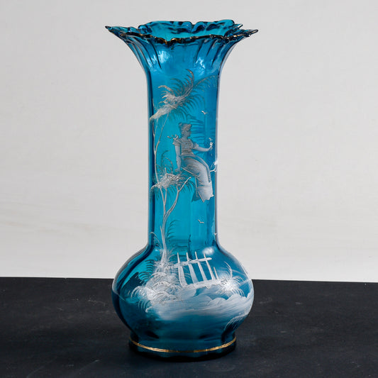 Vaso Liberty in vetro azzurro con scena bucolica  dipinta a mano epoca primo 1900 Mary Gregory