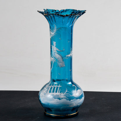 Vaso Liberty in vetro azzurro con scena bucolica  dipinta a mano epoca primo 1900 Mary Gregory