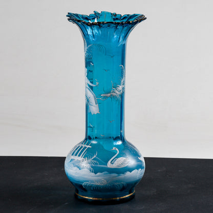 Vaso Liberty in vetro azzurro con scena bucolica  dipinta a mano epoca primo 1900 Mary Gregory