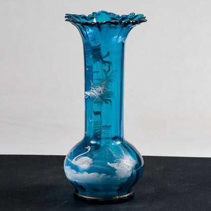 Vaso Liberty in vetro azzurro con scena bucolica  dipinta a mano epoca primo 1900 Mary Gregory
