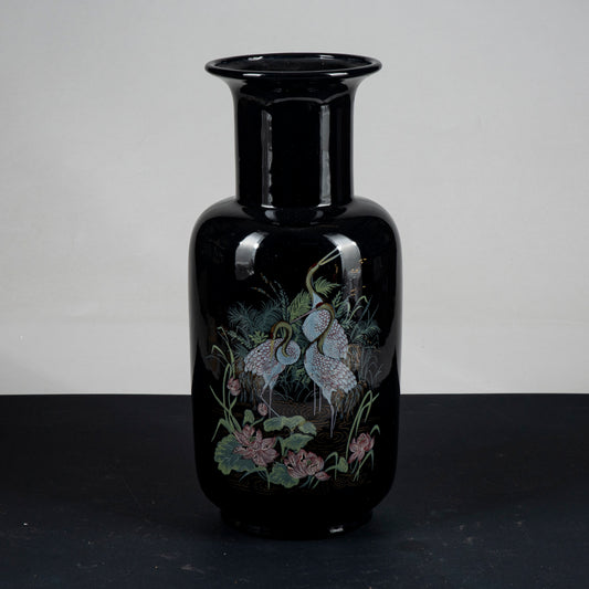vaso in ceramica smaltata e decori con aironi