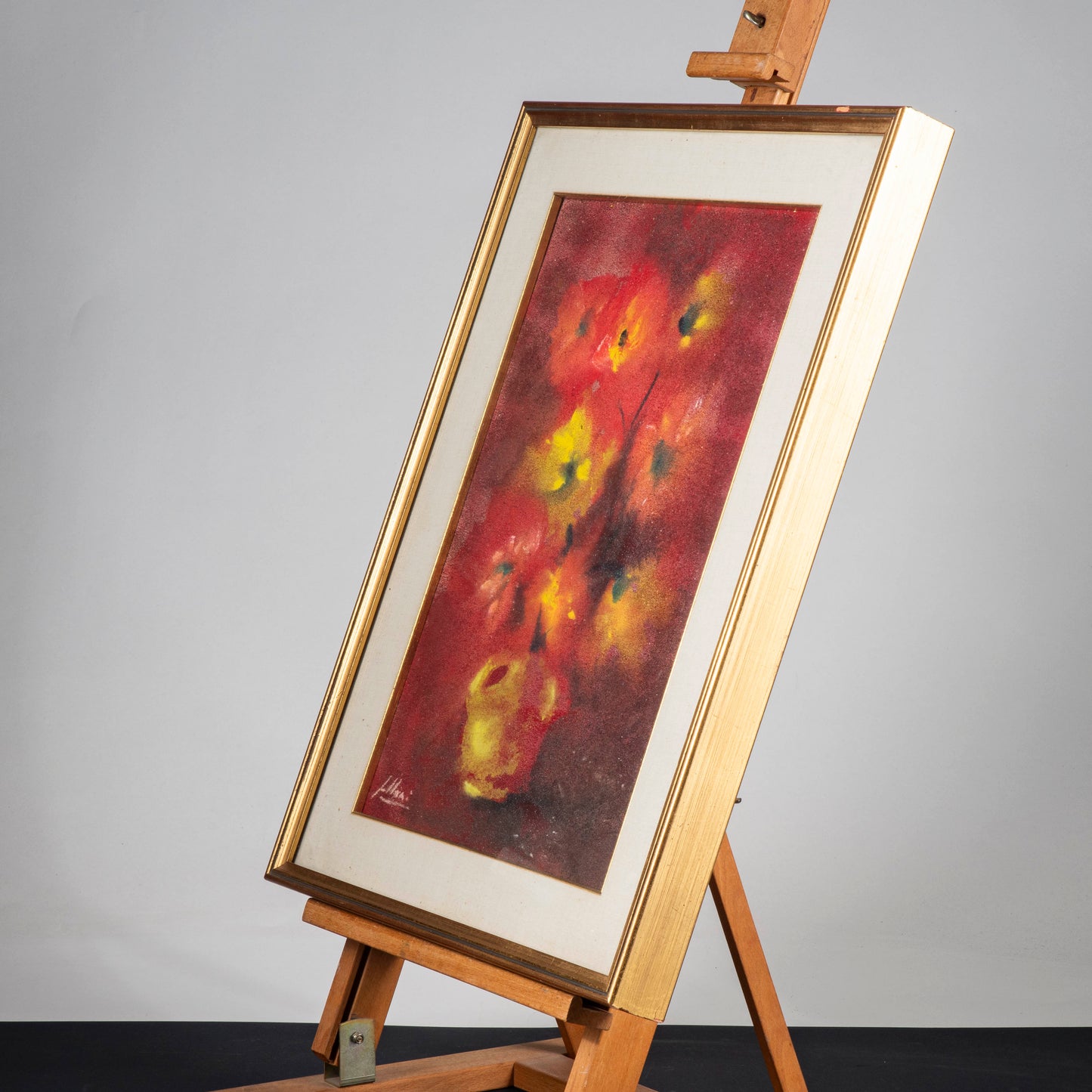 quardo dipinto materico vaso di fiori astratto sfocato con cornice dorata