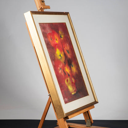 quardo dipinto materico vaso di fiori astratto sfocato con cornice dorata