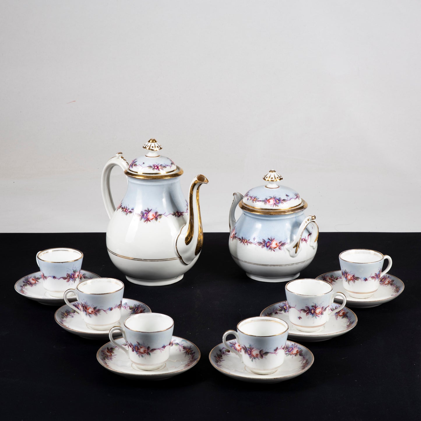 Set 6 tazzine da caffè con teiera e zuccheriera ceramica epoca primo 900