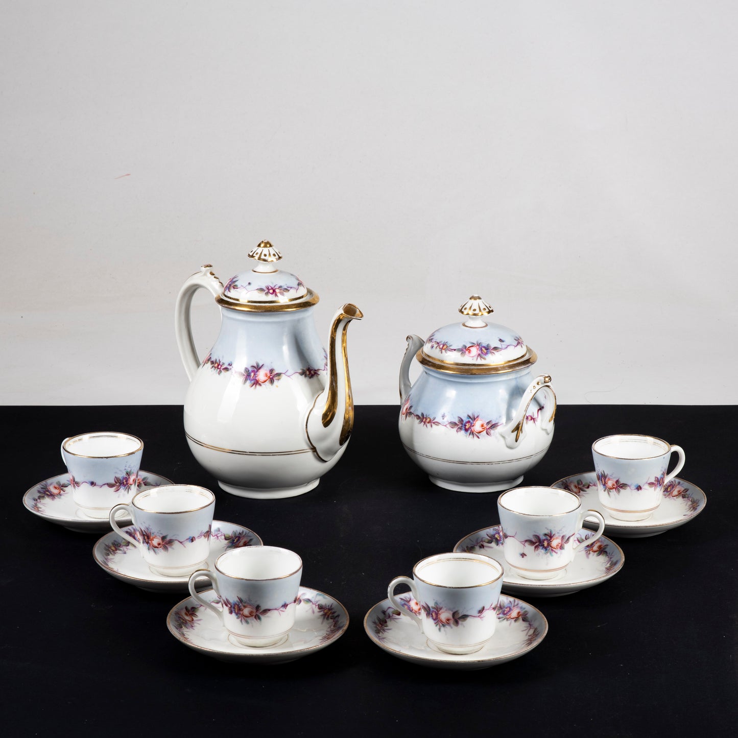 Set 6 tazzine da caffè con teiera e zuccheriera ceramica epoca primo 900