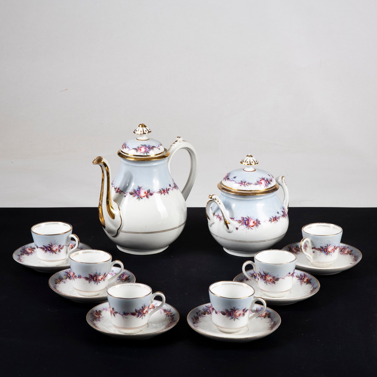 Set 6 tazzine da caffè con teiera e zuccheriera ceramica epoca primo 900