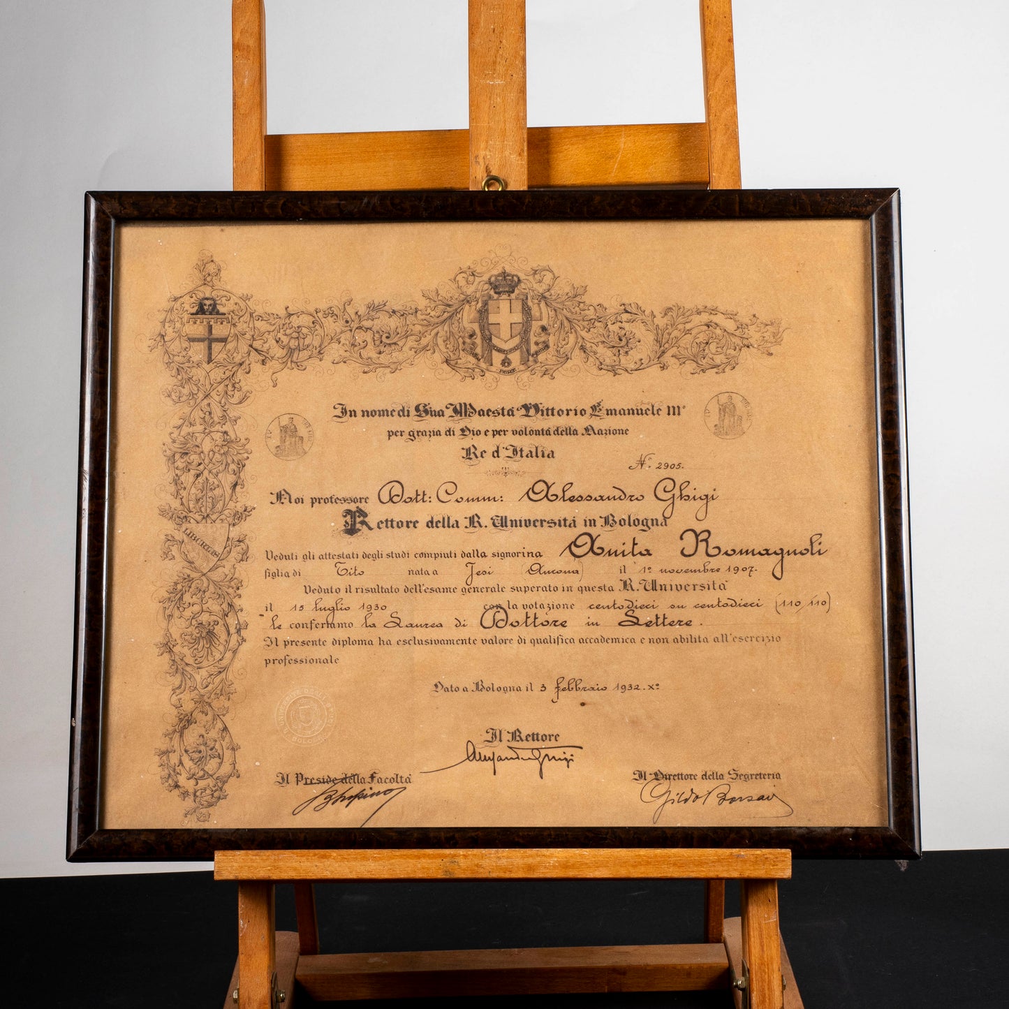 Attestato di laurea in lettere Università di Bologna epoca 1930