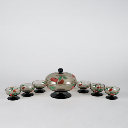 coppa con coperchio epoca Liberty in vetro fumé realizzata a mano, decorata Italia 1930, 6 bicchierini