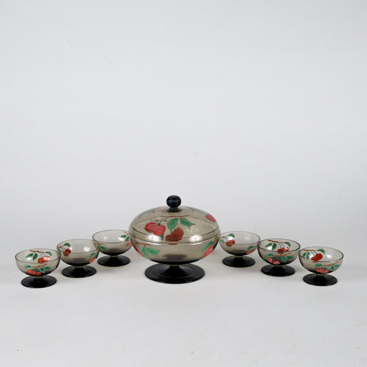 coppa con coperchio epoca Liberty in vetro fumé realizzata a mano, decorata Italia 1930, 6 bicchierini