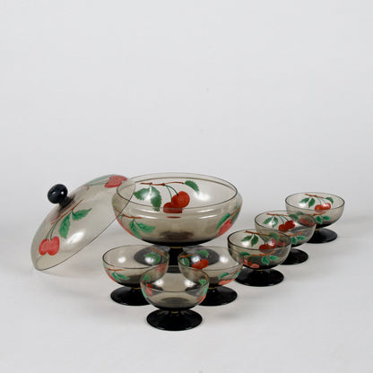 coppa con coperchio epoca Liberty in vetro fumé realizzata a mano, decorata Italia 1930, 6 bicchierini