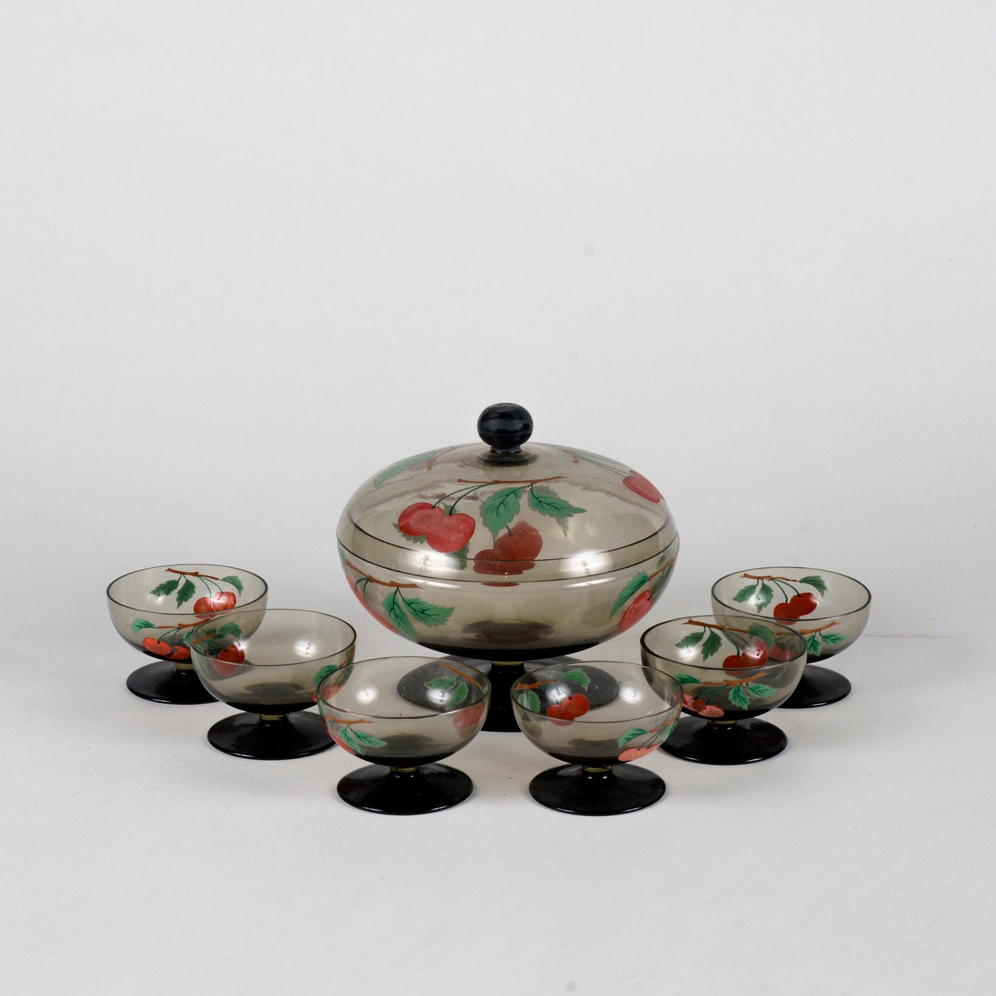 coppa con coperchio epoca Liberty in vetro fumé realizzata a mano, decorata Italia 1930, 6 bicchierini