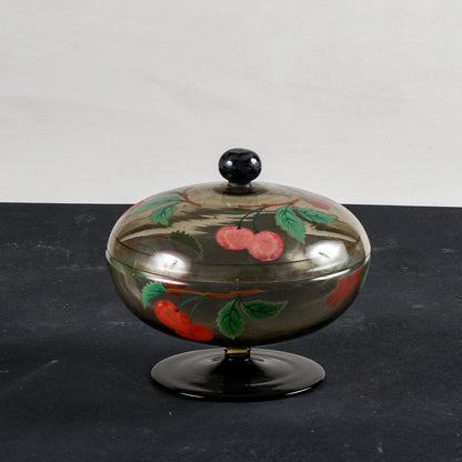 coppa con coperchio epoca Liberty in vetro fumé realizzata a mano, decorata Italia 1930, 6 bicchierini