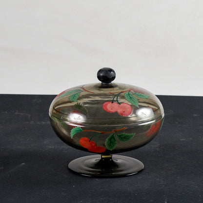 coppa con coperchio epoca Liberty in vetro fumé realizzata a mano, decorata Italia 1930, 6 bicchierini